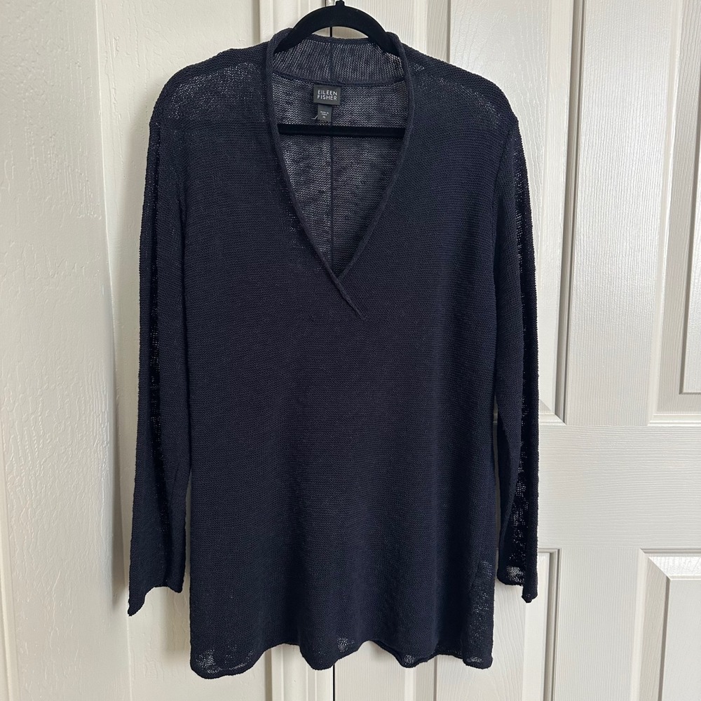 EILEEN FISHER Navy Open Knit Linen Blend V-Neck Tunic Sweater XL